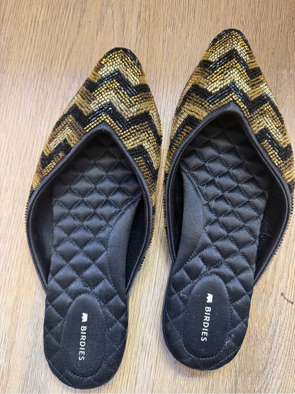 Birdies Black and Gold Chevron Sequin Pointed Mules